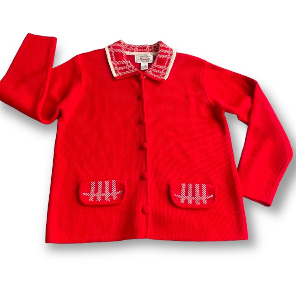 Vtg 70s Miranda Red Plaid Trim Cardigan Size 8 Madmen Modest Secretary Pin-up